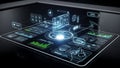Futuristic holographic user interface displaying complex data analytics and virtual interactive controls over a dark reflective Royalty Free Stock Photo