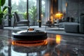 Futuristic Home Cleaning with a Robotic Vacuum Ensures Spotless Floors in a Modern Setting