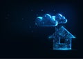 Futuristic home concept with glowing low polygonal house icon and clouds isolated on dark blue