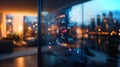 Futuristic home entrance with advanced interactive display and city view at dusk