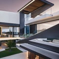 A futuristic home with geometric shapes, a metallic exterior, and a floating staircase4, Generative AI