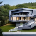 A futuristic home with geometric shapes, a metallic exterior, and a floating staircase1, Generative AI