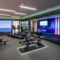 A futuristic home gym with virtual personal trainers, holographic workout displays, and high-tech exercise equipment4