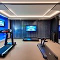 A futuristic home gym with virtual personal trainers, holographic workout displays, and high-tech exercise equipment2