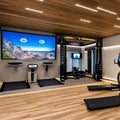 A futuristic home gym with virtual personal trainers, holographic workout displays, and high-tech exercise equipment5