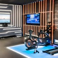A futuristic home gym with virtual personal trainers, holographic workout displays, and high-tech exercise equipment1