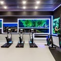 A futuristic home gym with virtual personal trainers, holographic workout displays, and high-tech exercise equipment3