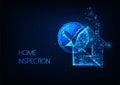 Futuristic Home inspection.concept with glowing low polygonal residential house and magnifying glass