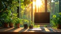 Futuristic Home Office, bright, airy space with tech and green plants, morning sunlight streaming in
