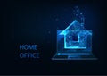 Futuristic home office concept with glowing low polygonal laptop and house isolated on dark blue