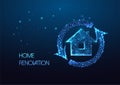 Futuristic home renovation, redesigning concept with glowing house icon and reload symbol