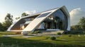 A futuristic home with solarpowered windows utilizing nanotechnology to absorb sunlight and generate electricity for the