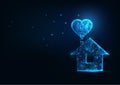 Futuristic home sweet home concept with glowing low polygonal house icon and heart isolated on dark blue