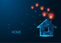 Futuristic home sweet home concept with glowing low polygonal house icon and red hearts isolated on dark blue