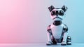 futuristic home technology, a shiny chrome robotic dog sits next to a glowing interactive console in a futuristic home Royalty Free Stock Photo