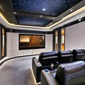 A futuristic home theater with reclining leather seats, LED starry ceiling, and state-of-the-art sound system1