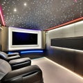 A futuristic home theater with reclining leather seats, LED starry ceiling, and state-of-the-art sound system5