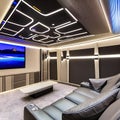 A futuristic home theater with reclining leather seats, LED starry ceiling, and state-of-the-art sound system2