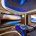 A futuristic home theater with reclining leather seats, LED starry ceiling, and state-of-the-art sound system3