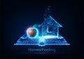 Futuristic Homeschooling, Online studying concept with glowing low polygonal house, apple and open book Royalty Free Stock Photo