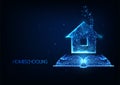 Futuristic Homeschooling, Online tuition remotely concept with glowing low polygonal house and book