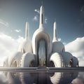 Futuristic horizons, a striking 3d render of a building in a vast sky