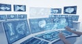 Futuristic Hospital Control Room Interface with Digital Brain Scans and DNA Structures in Blue Tones on a White Background for Royalty Free Stock Photo