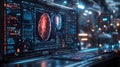 Futuristic hospital interface displaying AI technology for chronic disease management, showcasing advanced brain imaging and data