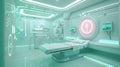 Futuristic hospital room with digital interface, pink decor detail, beautiful green and blue colors