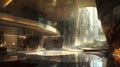 Futuristic Hotel Concept with Glass Room and Waterfall in Northern Chinas Terrain Royalty Free Stock Photo