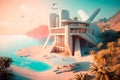 Futuristic hotel near the sea, relax and recreation concept, realistic 3D illustration, generative ai