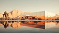 Futuristic house with a mirrored facade and a swimming pool in the middle of an arid desert landscape with warm ambient. Real