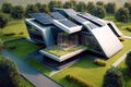 Futuristic house with solar panels on roof, modern home in green forest, generative AI Royalty Free Stock Photo