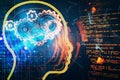 Futuristic HTML background with robot head hologram