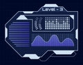 Futuristic HUD interface featuring level 3 with loading bars, charts, and digital infographic elements, creating a tech