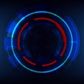 Futuristic HUD Interface with Glowing Blue Neon Rings and Red Digital Segments on Dark Hexagonal Grid Background for Sci-Fi Royalty Free Stock Photo