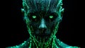 Futuristic human face made of green binary code with glowing eyes on black background digital Royalty Free Stock Photo