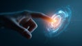 Futuristic human hand touching glowing holographic interface with blue neon UI elements, advanced technology interaction concept. Royalty Free Stock Photo