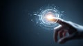 Futuristic human hand touching glowing holographic interface with blue neon UI elements, advanced technology interaction concept. Royalty Free Stock Photo