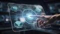 Futuristic Human Hand Interacting with Holographic Cloud Computing Interface Representing Artificial Intelligence, Automation, Royalty Free Stock Photo