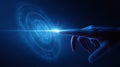 Futuristic human hand touching glowing holographic interface with blue neon UI elements, advanced technology interaction concept. Royalty Free Stock Photo
