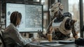 Futuristic human-robot collaboration in modern office setting with interactive technology interface on digital display screen