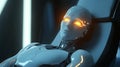 Futuristic humanoid AI with glowing eyes sitting