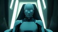 Futuristic humanoid AI with glowing eyes sitting