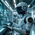 Futuristic AI Robot Operating Digital Interface in Advanced Technology Laboratory Royalty Free Stock Photo