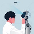 Futuristic humanoid with Artificial Intelligence technology concept. A scientist is assembling a robot vector illustration