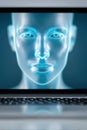 Virtual AI assistant interface displaying a futuristic humanoid face with glowing features, representing advanced Royalty Free Stock Photo