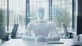 Futuristic humanoid figure made of digital wireframe with holographic interface in a modern office setting Royalty Free Stock Photo