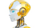 Futuristic humanoid head metallic yellow details streamlined design emphasizing advanced robotics artificial intelligence