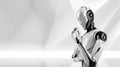 Futuristic humanoid robot with advanced AI interface, set against a minimalist white background. Artificial Intelligence Royalty Free Stock Photo